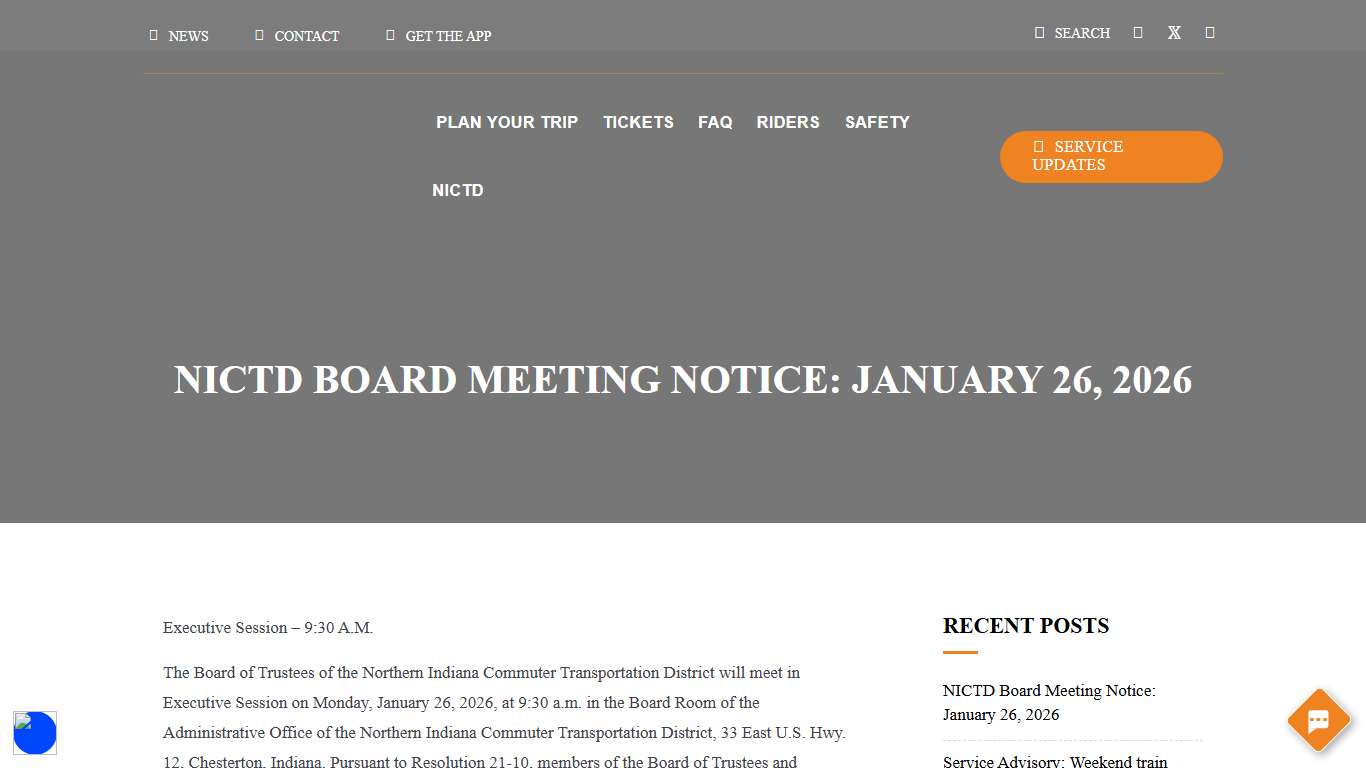 NICTD Board Meeting Notice: January 26, 2026 South Shore Line
