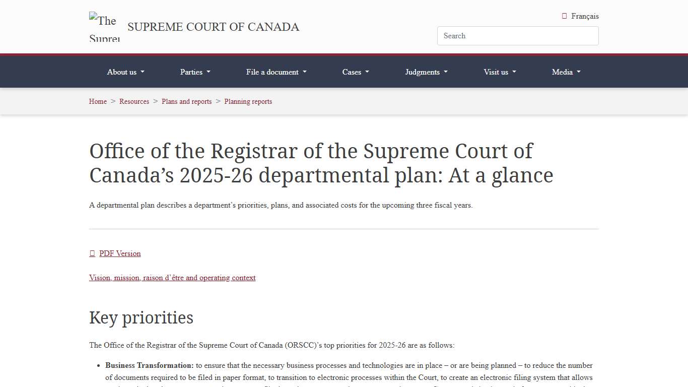 Supreme Court of Canada Office of the Registrar of the Supreme Court of Canada’s 2025-26 departmental plan: At a glance